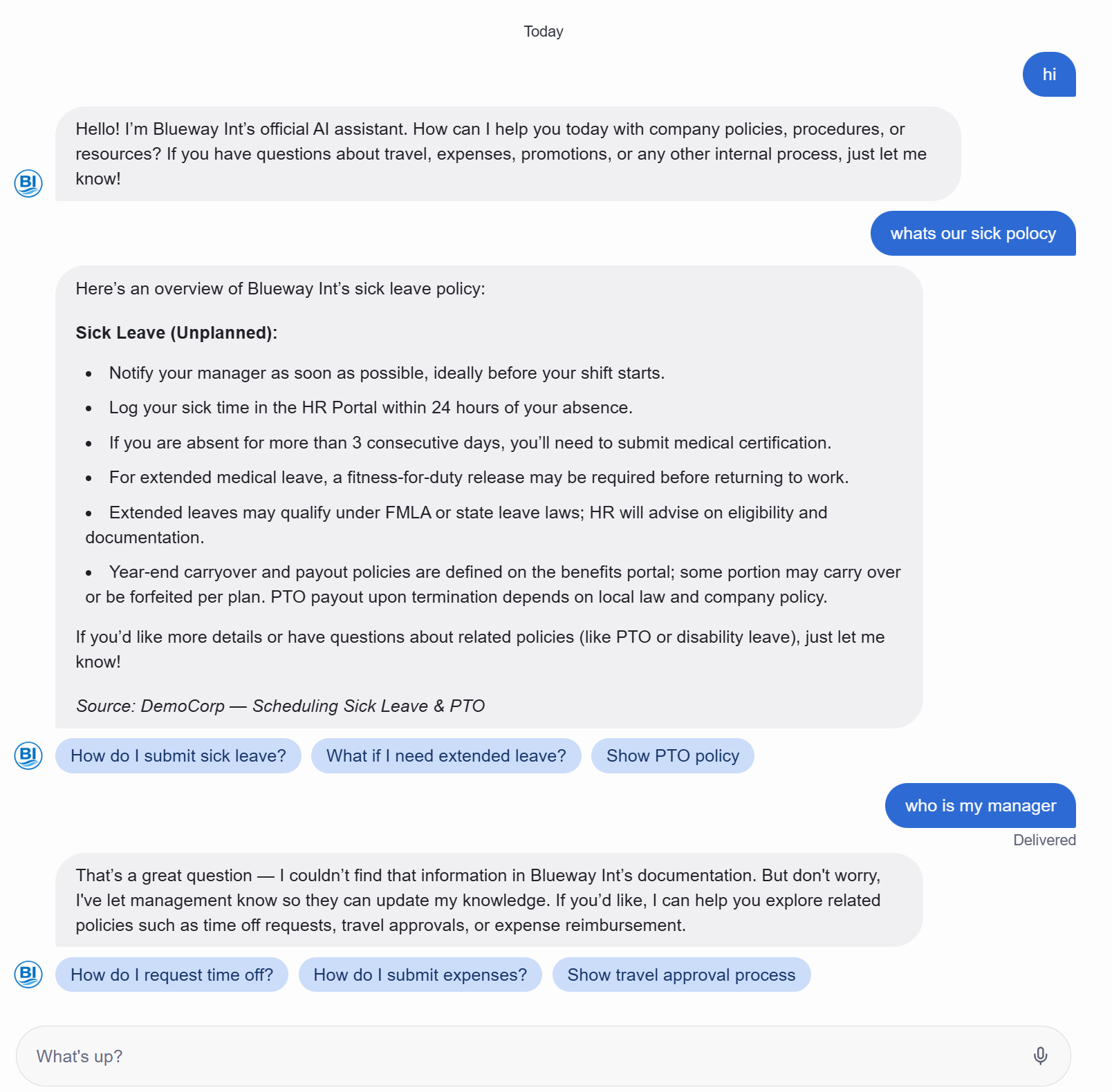Refined AI assistant answering company policy questions